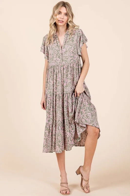Mittoshop Abstract Print Ruffle Tier Midi Dress.