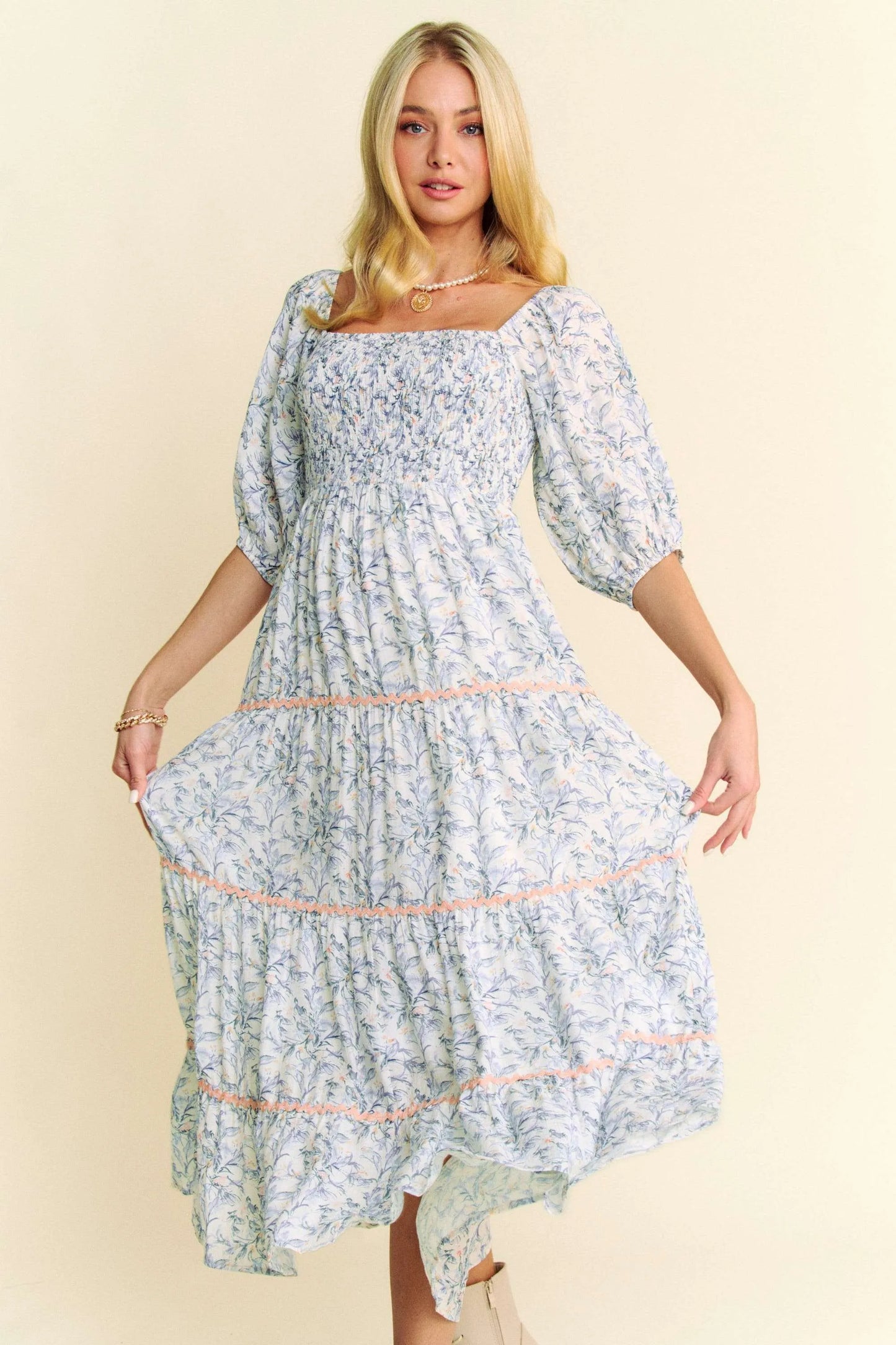 Davi & Dani Contrast Ric Smocking Bodice Tiered Midi Dress.