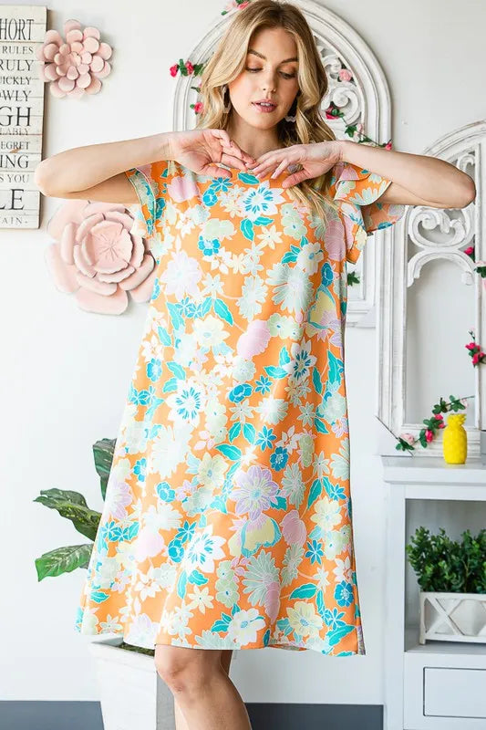 Heimish Full Size Ruffled Short Sleeve Floral Mini Dress Plus Size.