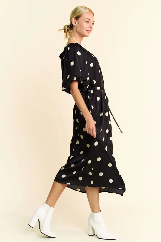 Davi & Dani Polka Dot Puff Sleeves Waist Tie Midi Dress.