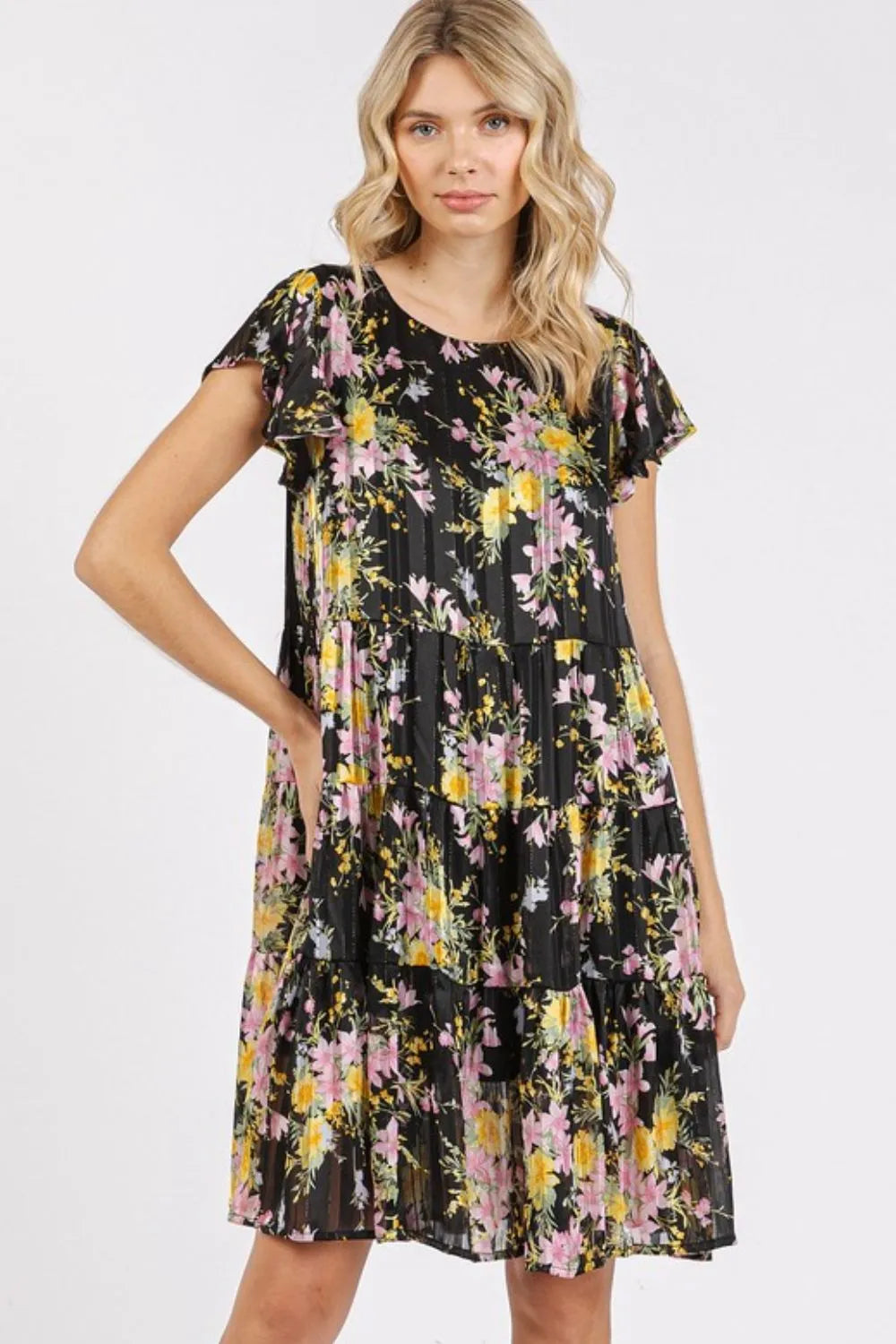 Mittoshop Flower Print Round Neck Flutter Sleeve Tiered Dress.