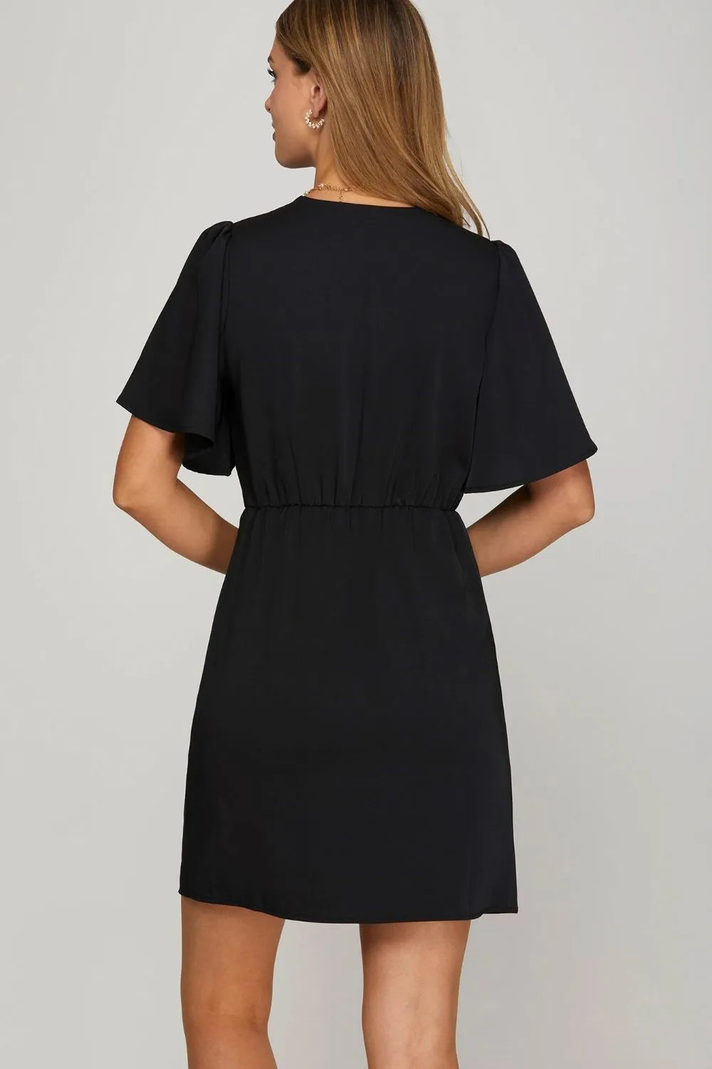 She + Sky Ruffled Surplice Short Flutter Sleeve Mini Dress.