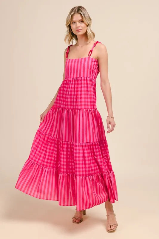 SO ME Stripe Tiered Maxi Dress with Colorful Chain Strap.