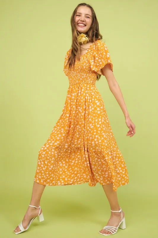 Mittoshop Flower Print Flutter Sleeve Smocked Midi Dress.