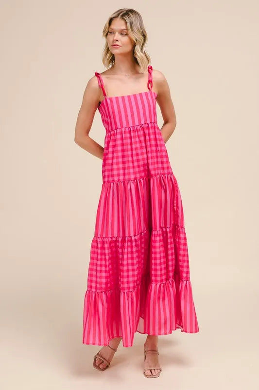 SO ME Stripe Tiered Maxi Dress with Colorful Chain Strap.