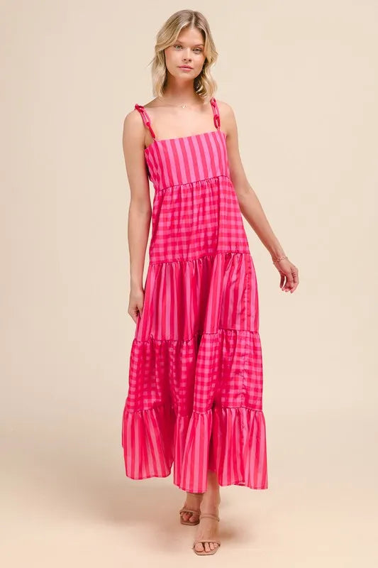 SO ME Stripe Tiered Maxi Dress with Colorful Chain Strap.