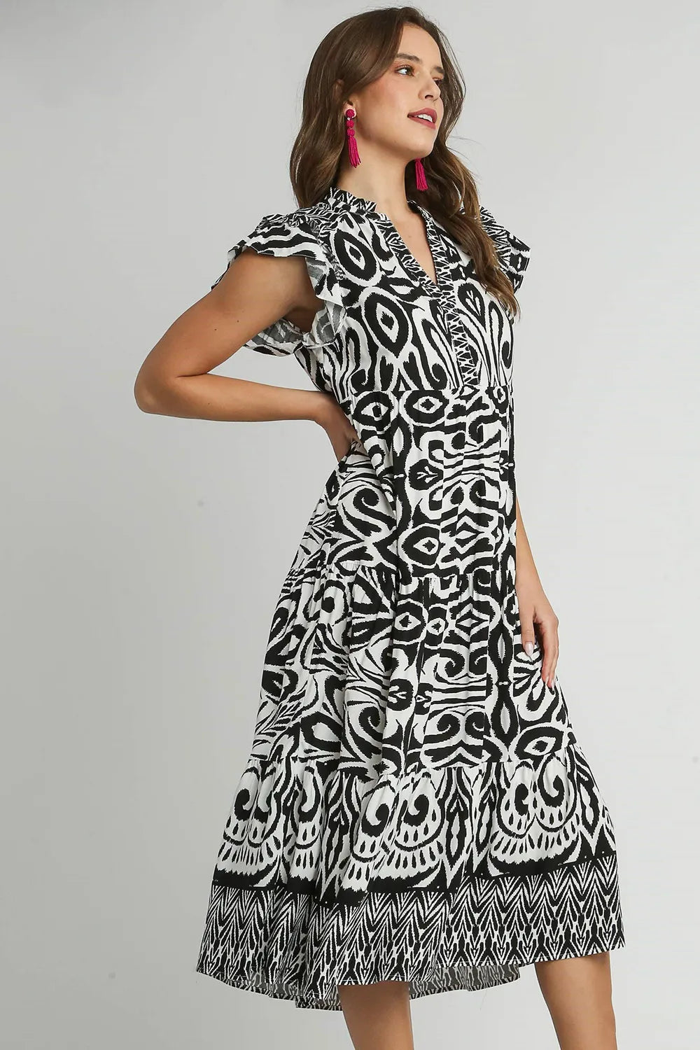 Umgee Full Size Two Tone Border Print Ruffle Cap Sleeve Midi Dress Plus Size.