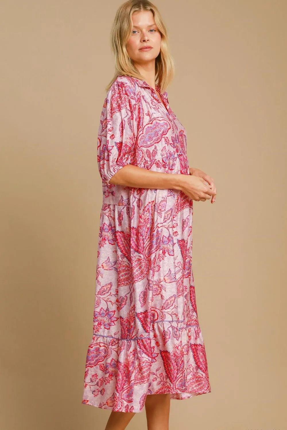 Umgee Full Size Ruffled Hem Floral Paisley Print Half Sleeve Midi Dress Plus Size.