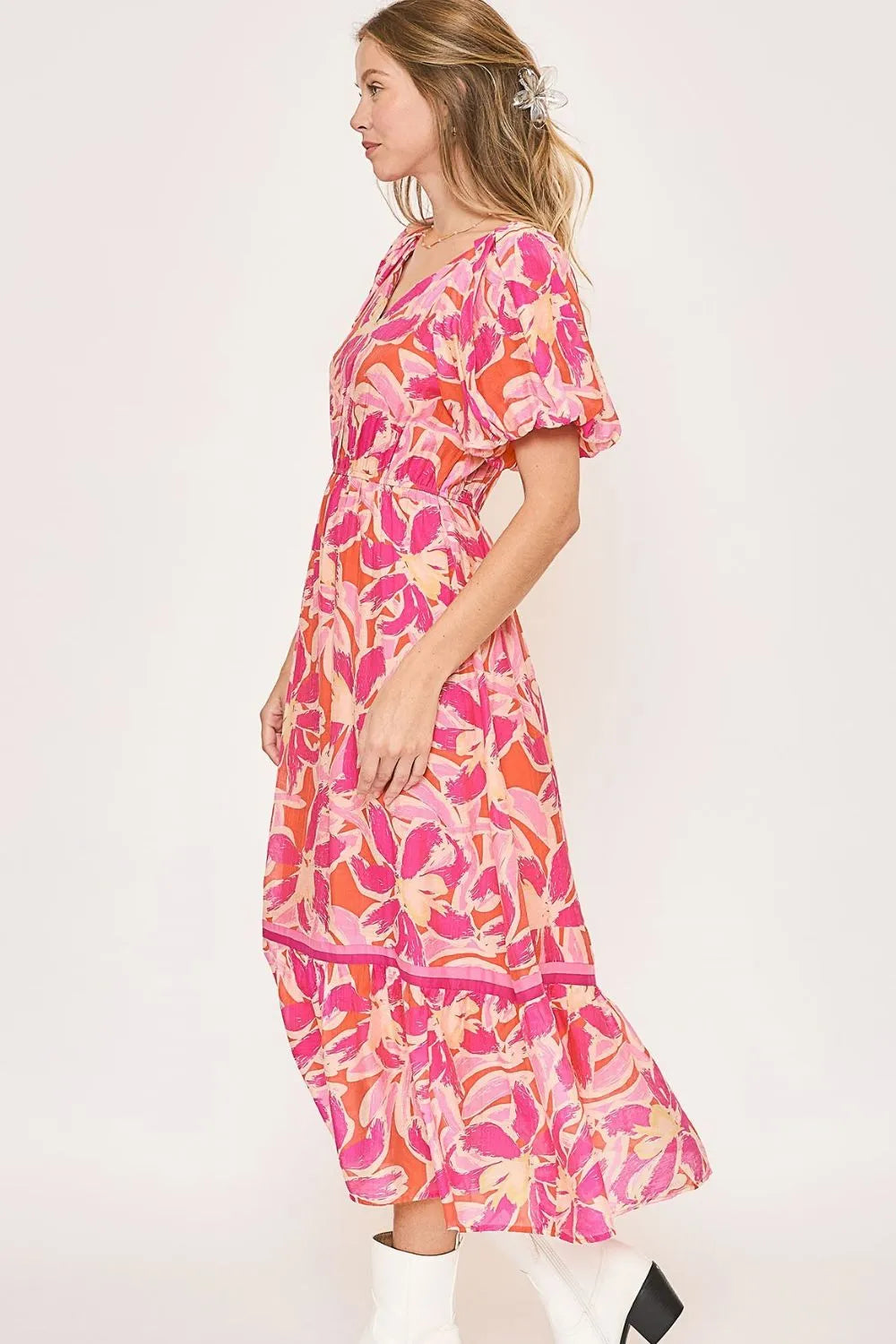 Umgee Floral Notched Puff Sleeve Midi Dress.