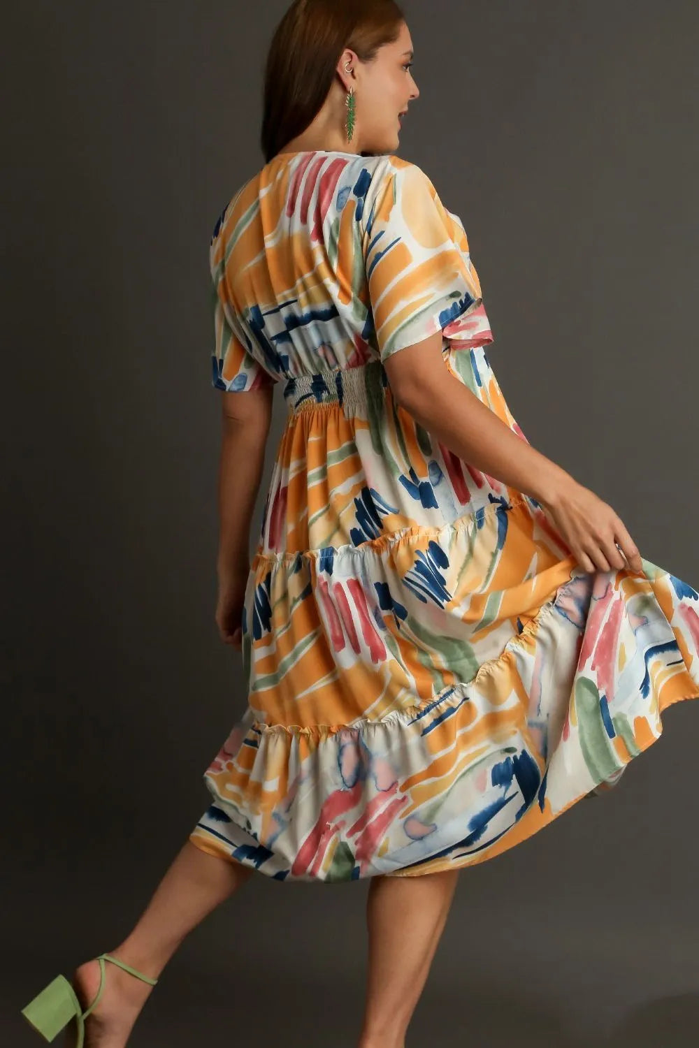 Umgee Full Size Abstract Print Flutter Sleeve Frill Tiered Midi Dress Plus Size.