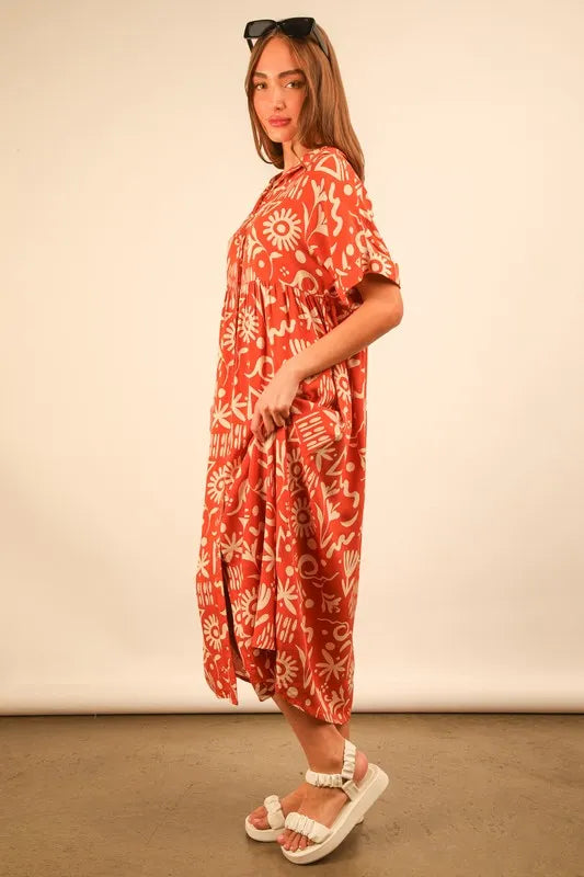 VERY J Full Size Oversized Printed Shirt Midi Dress Plus Size.