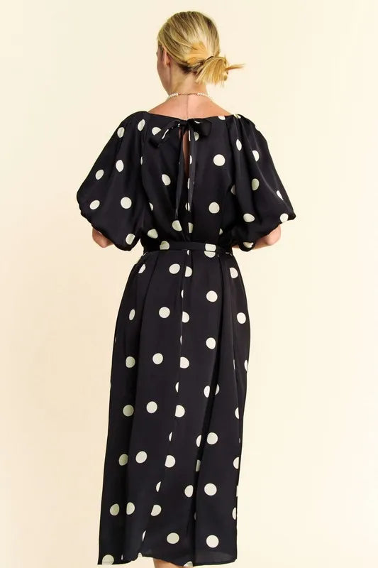 Davi & Dani Polka Dot Puff Sleeves Waist Tie Midi Dress.