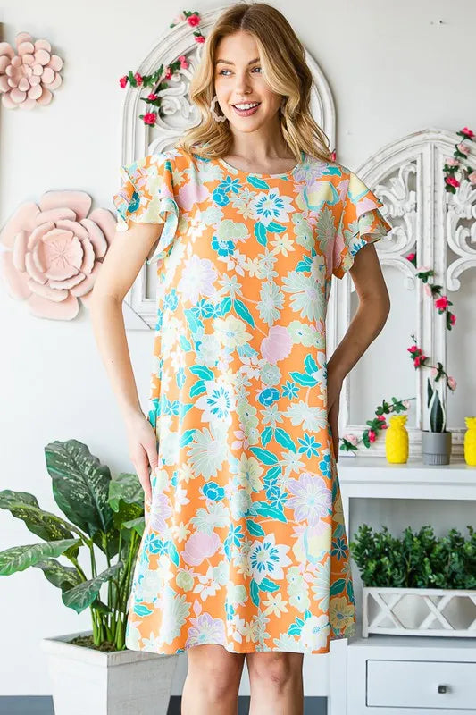 Heimish Full Size Ruffled Short Sleeve Floral Mini Dress Plus Size.