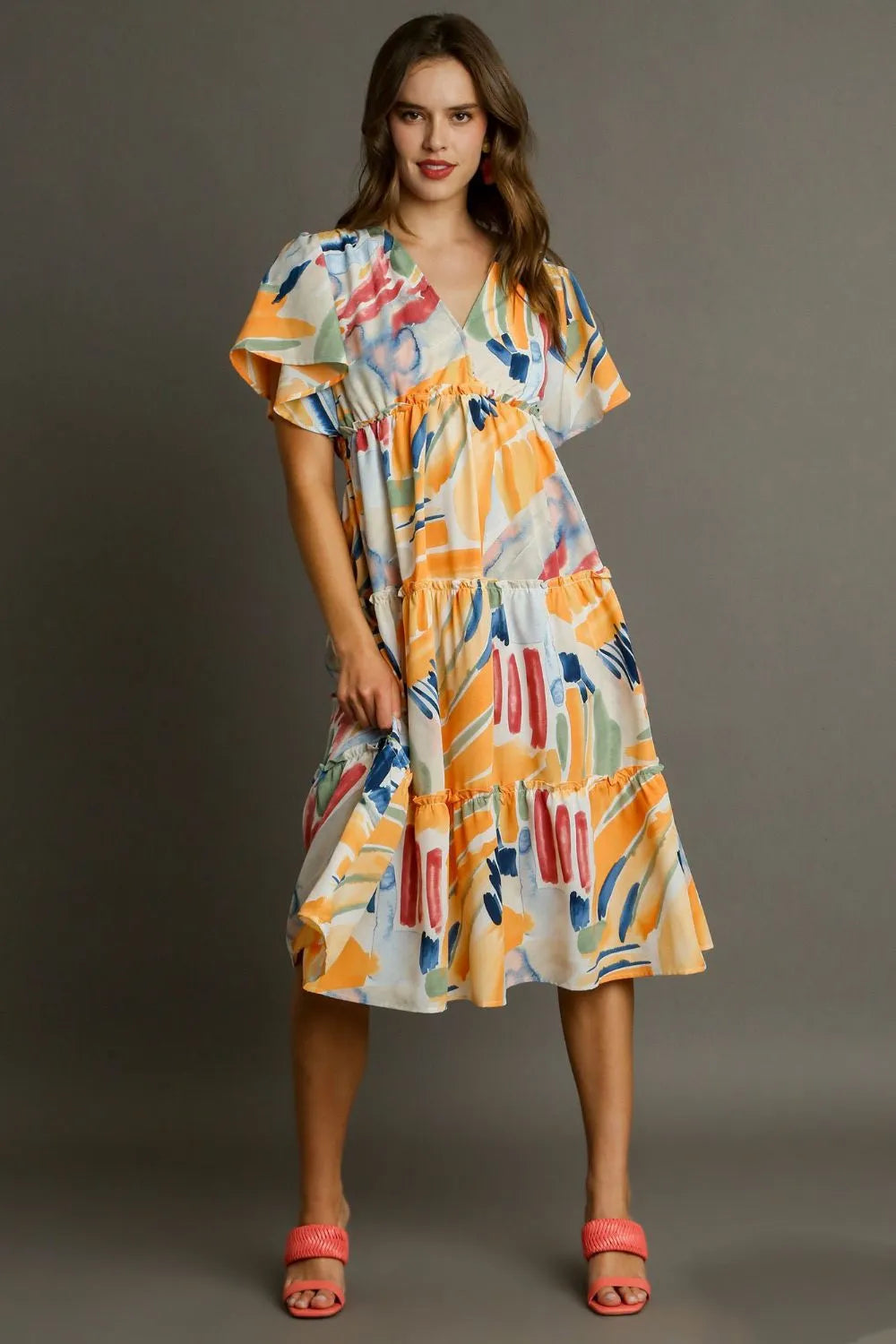 Umgee Full Size Abstract Print Flutter Sleeve Frill Tiered Midi Dress Plus Size.