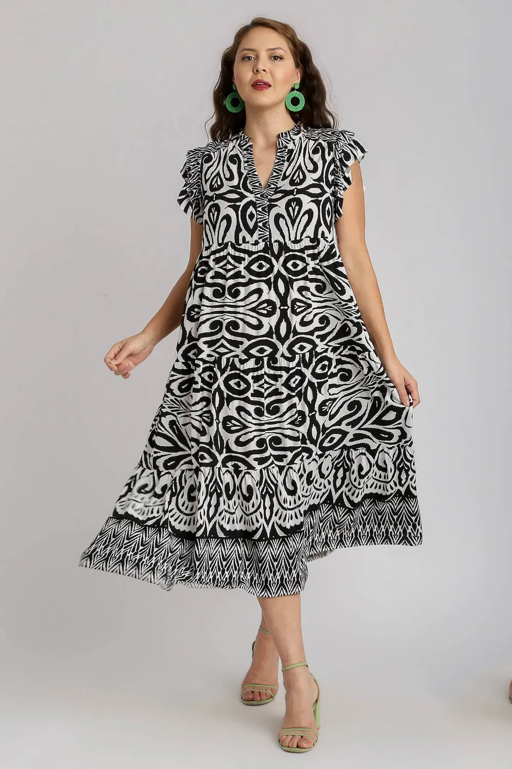 Umgee Full Size Two Tone Border Print Ruffle Cap Sleeve Midi Dress Plus Size.