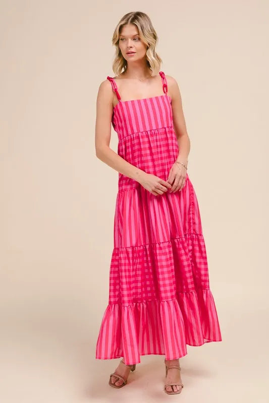 SO ME Stripe Tiered Maxi Dress with Colorful Chain Strap.