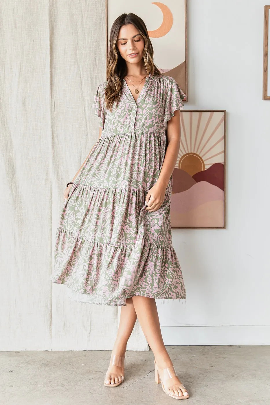 Mittoshop Abstract Print Ruffle Tier Midi Dress.
