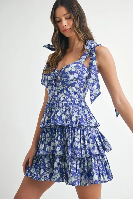 MABLE Floral Print Shoulder Tie Layered Mini Dress.