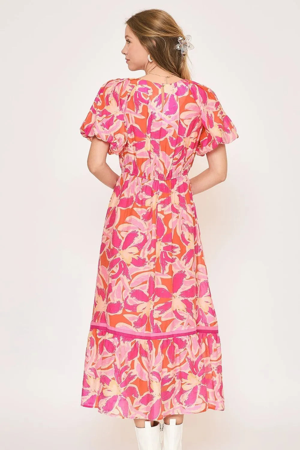 Umgee Floral Notched Puff Sleeve Midi Dress.