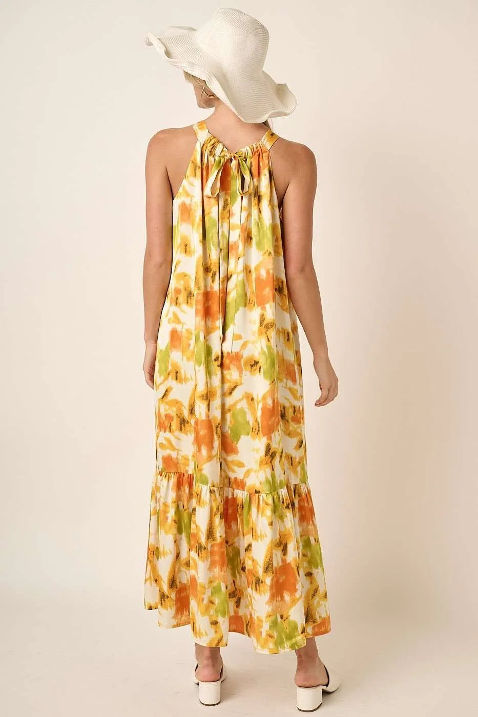 Mittoshop Watercolor Print Halter Neck Satin Maxi Dress.