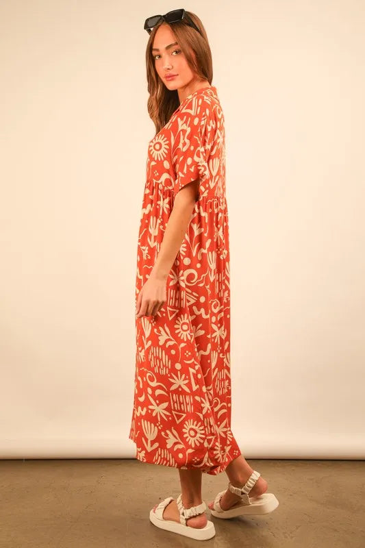 VERY J Full Size Oversized Printed Shirt Midi Dress Plus Size.