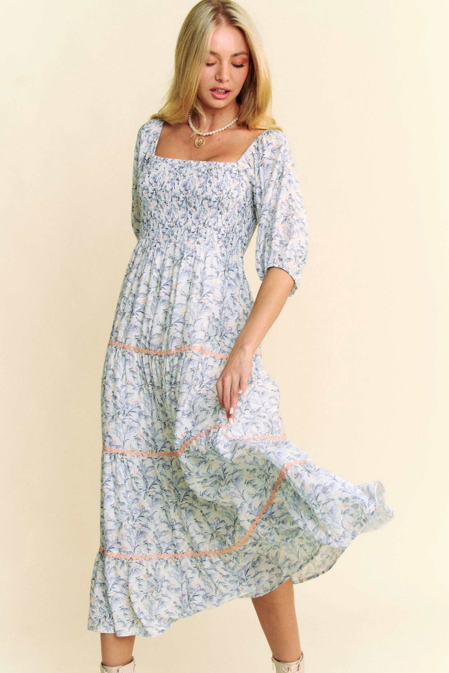 Davi & Dani Contrast Ric Smocking Bodice Tiered Midi Dress.