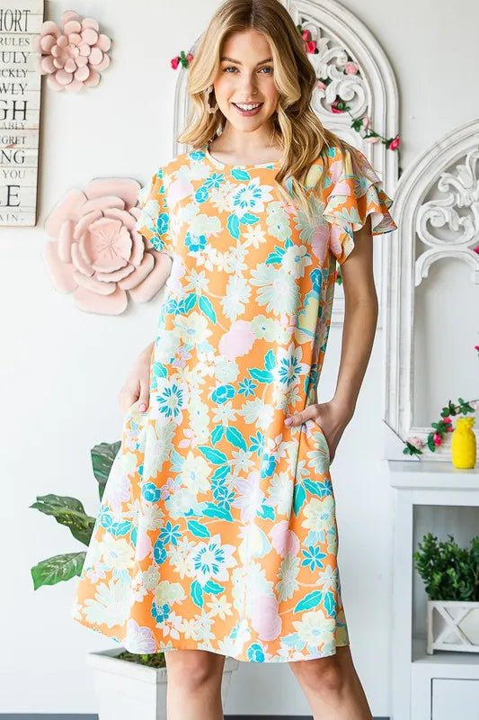 Heimish Full Size Ruffled Short Sleeve Floral Mini Dress Plus Size.