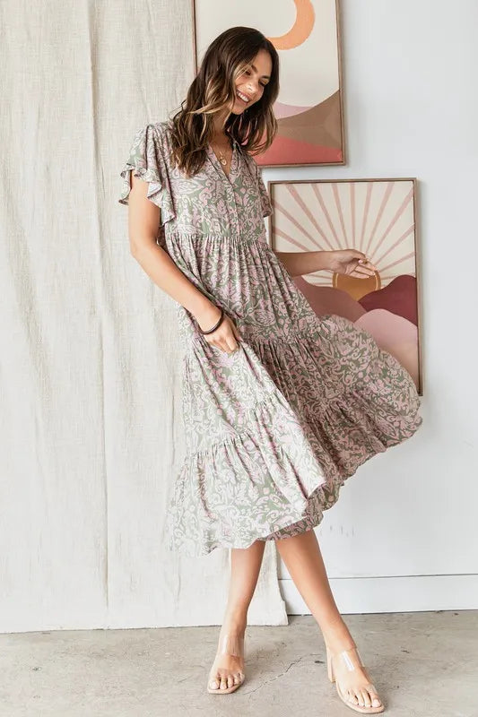 Mittoshop Abstract Print Ruffle Tier Midi Dress.
