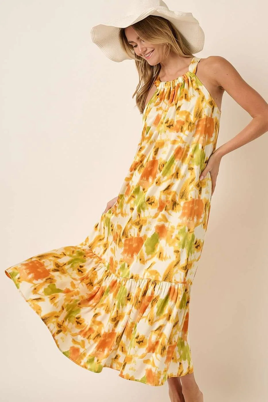Mittoshop Watercolor Print Halter Neck Satin Maxi Dress.