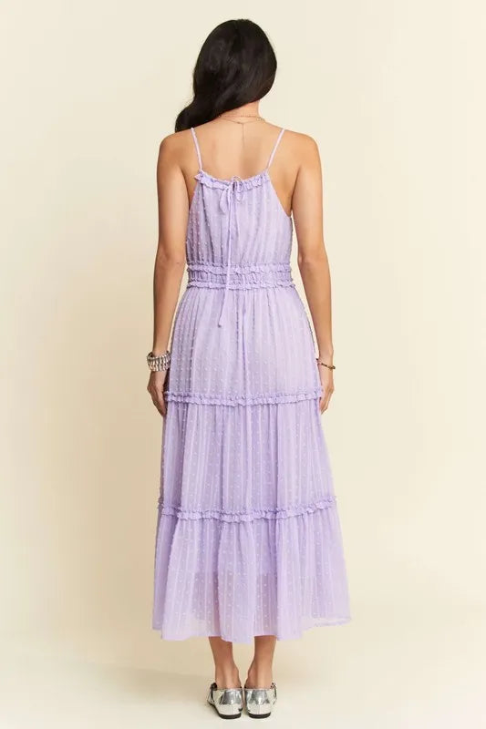 Davi & Dani Texture Swiss Dot Ruffle Square Neck Midi Dress.