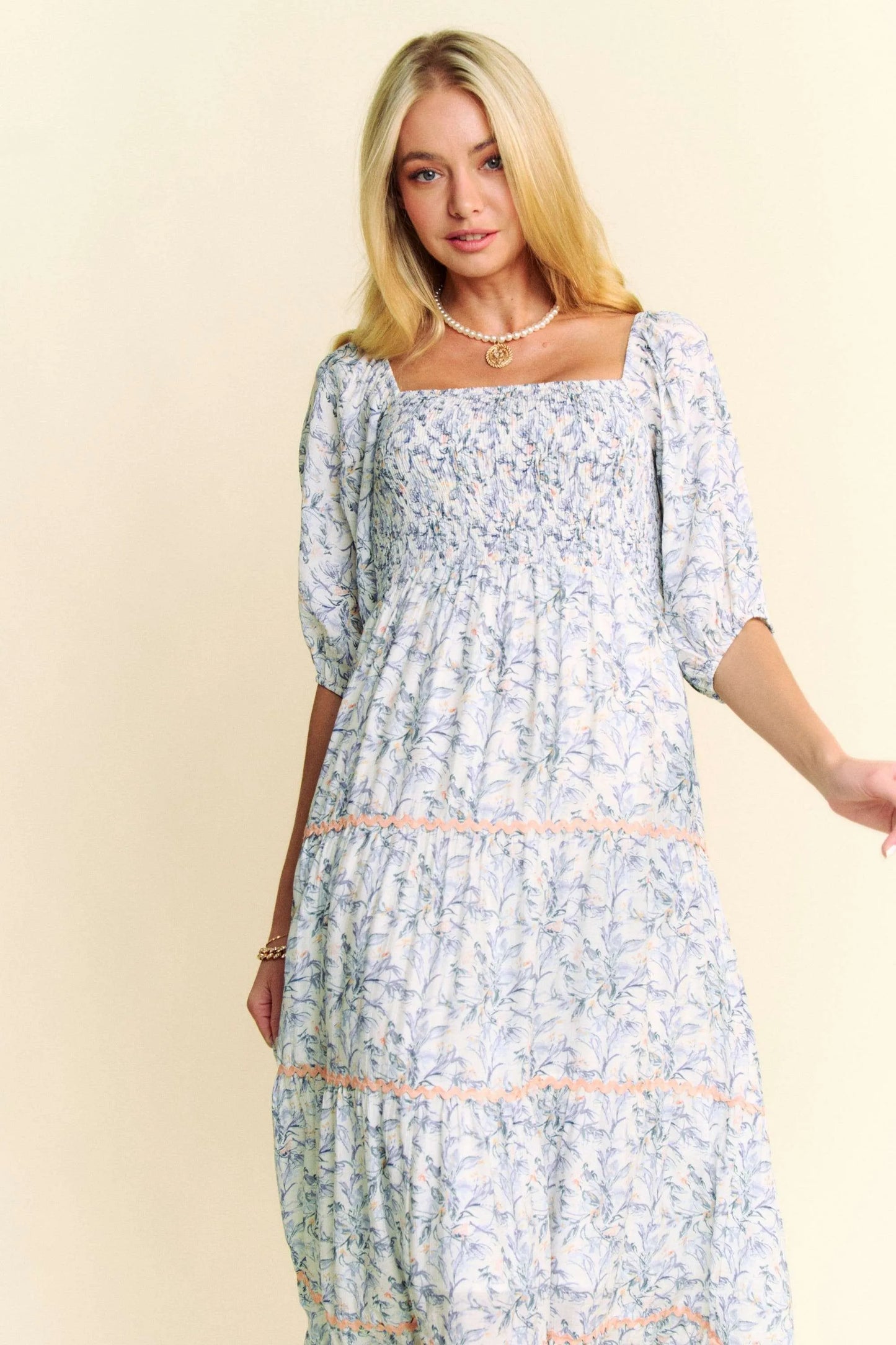 Davi & Dani Contrast Ric Smocking Bodice Tiered Midi Dress.