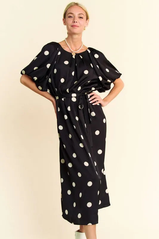 Davi & Dani Polka Dot Puff Sleeves Waist Tie Midi Dress.