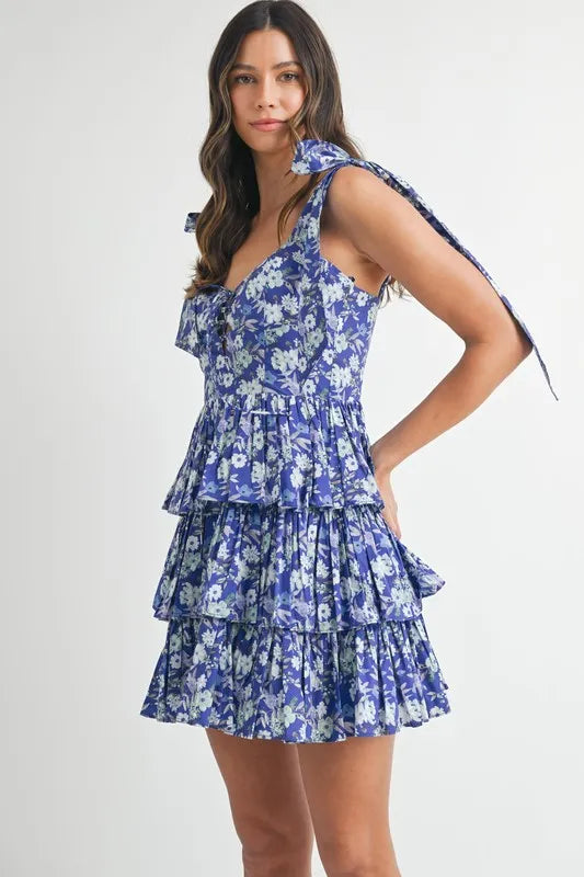MABLE Floral Print Shoulder Tie Layered Mini Dress.