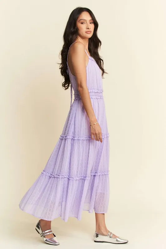 Davi & Dani Texture Swiss Dot Ruffle Square Neck Midi Dress.