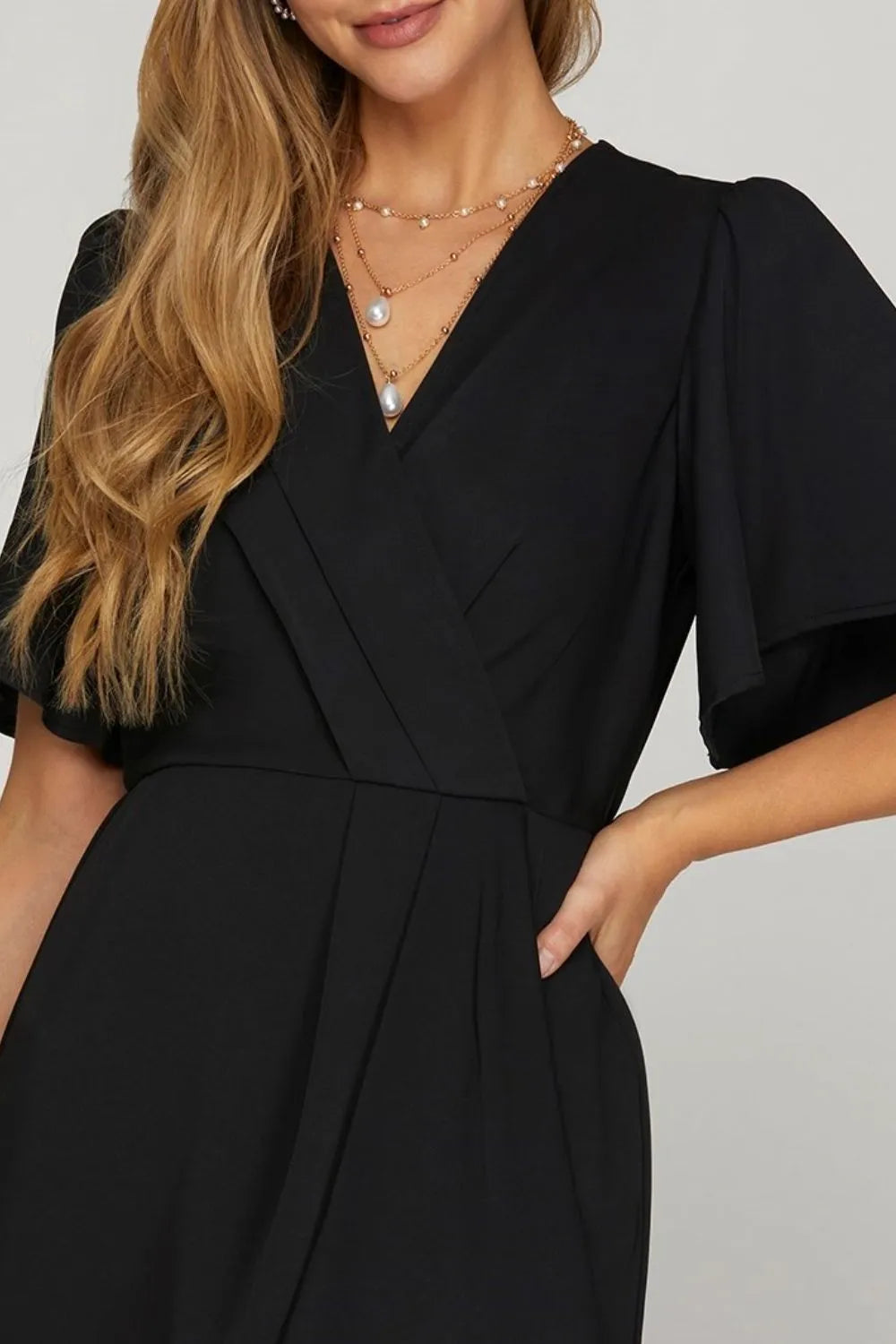 She + Sky Ruffled Surplice Short Flutter Sleeve Mini Dress.
