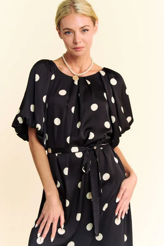 Davi & Dani Polka Dot Puff Sleeves Waist Tie Midi Dress.