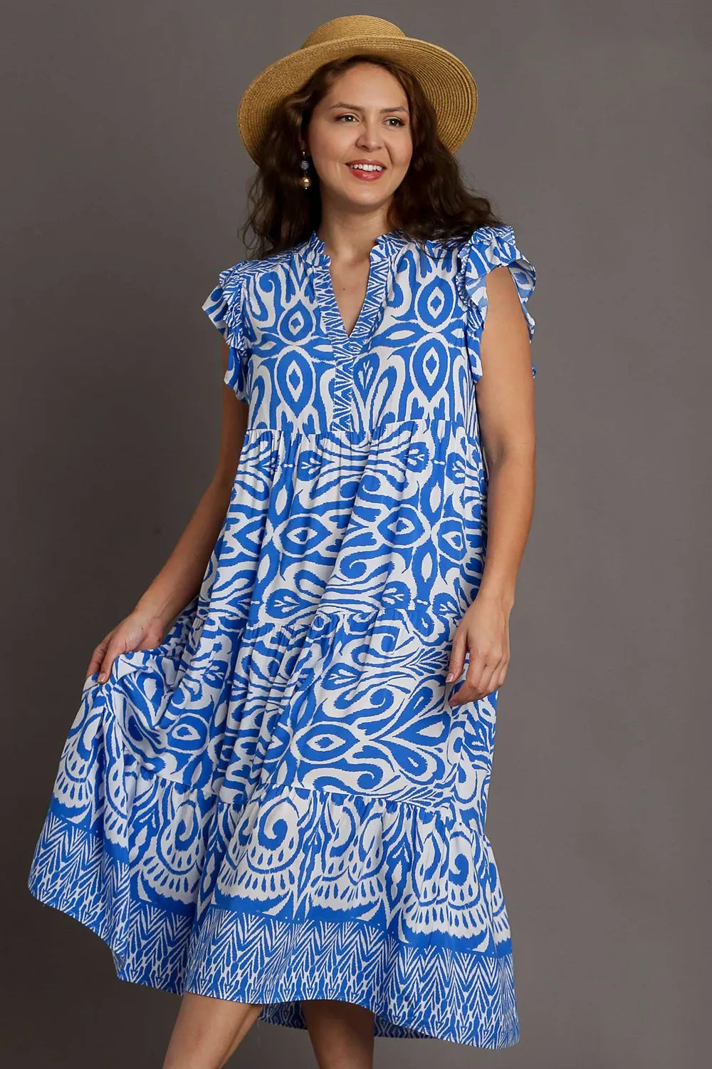 Umgee Full Size Two Tone Border Print Ruffle Cap Sleeve Midi Dress Plus Size.