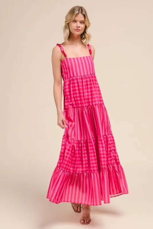 SO ME Stripe Tiered Maxi Dress with Colorful Chain Strap.