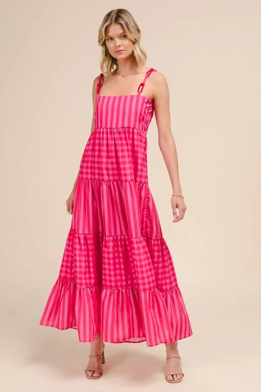 SO ME Stripe Tiered Maxi Dress with Colorful Chain Strap.