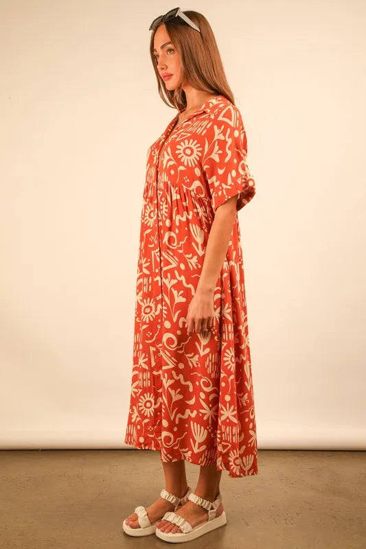 VERY J Full Size Oversized Printed Shirt Midi Dress Plus Size.