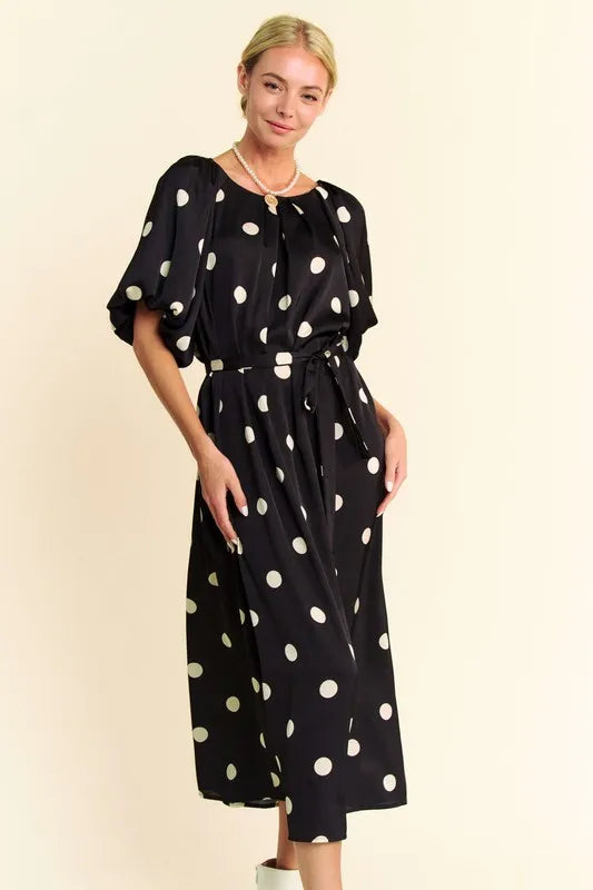 Davi & Dani Polka Dot Puff Sleeves Waist Tie Midi Dress.