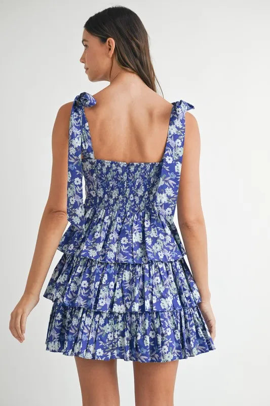 MABLE Floral Print Shoulder Tie Layered Mini Dress.