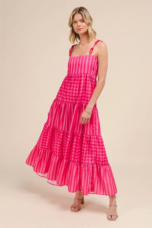 SO ME Stripe Tiered Maxi Dress with Colorful Chain Strap.