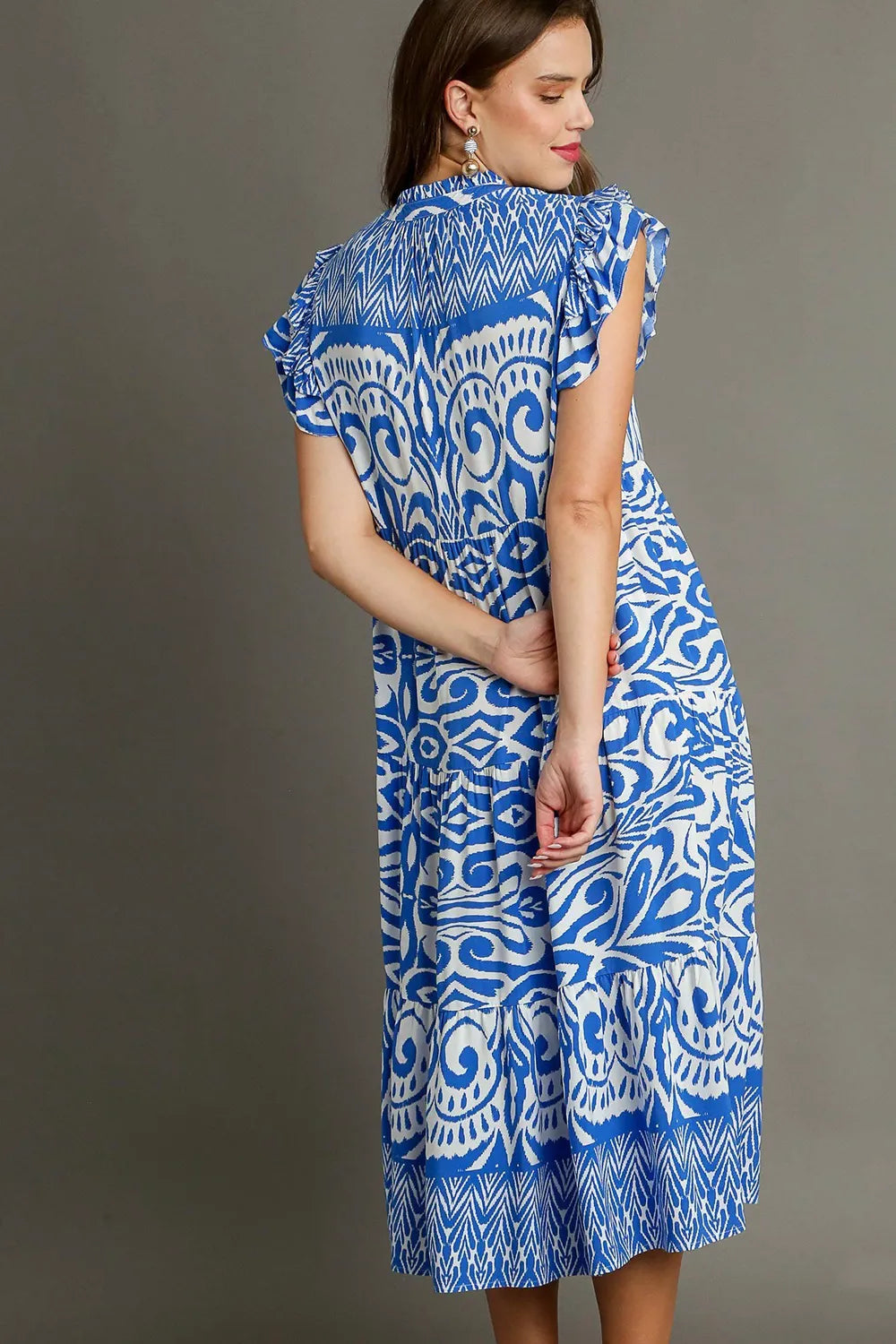 Umgee Full Size Two Tone Border Print Ruffle Cap Sleeve Midi Dress Plus Size.