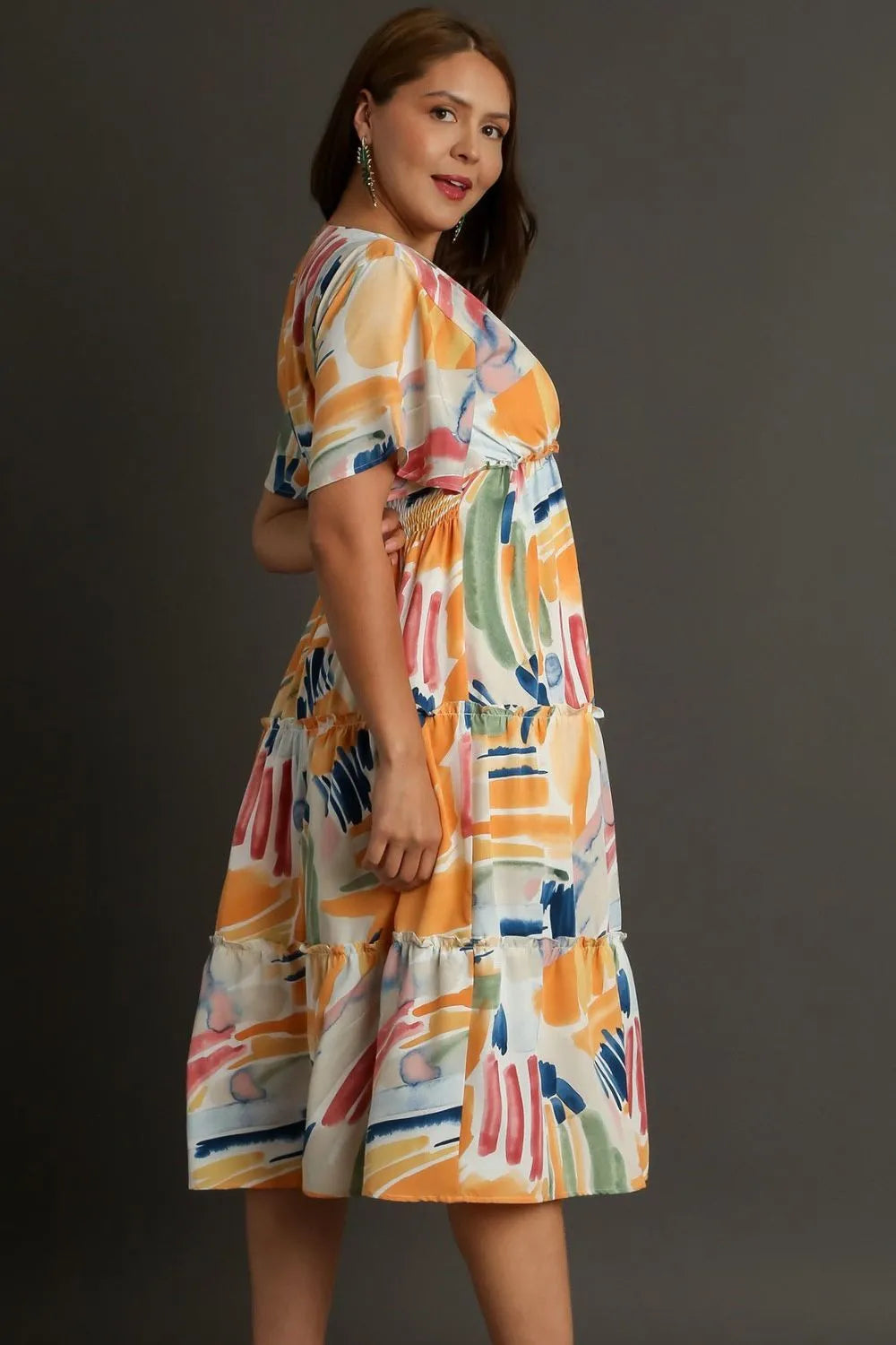 Umgee Full Size Abstract Print Flutter Sleeve Frill Tiered Midi Dress Plus Size.