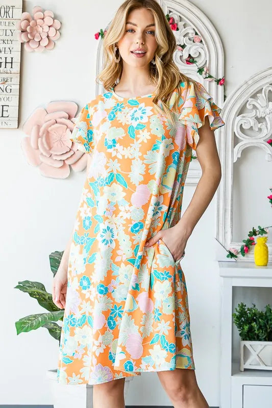 Heimish Full Size Ruffled Short Sleeve Floral Mini Dress Plus Size.