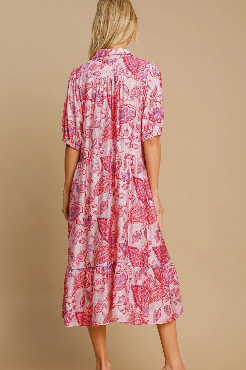 Umgee Full Size Ruffled Hem Floral Paisley Print Half Sleeve Midi Dress Plus Size.