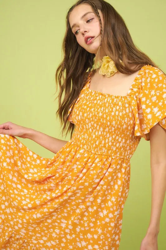 Mittoshop Flower Print Flutter Sleeve Smocked Midi Dress.