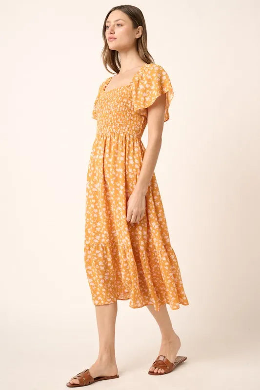 Mittoshop Flower Print Flutter Sleeve Smocked Midi Dress.