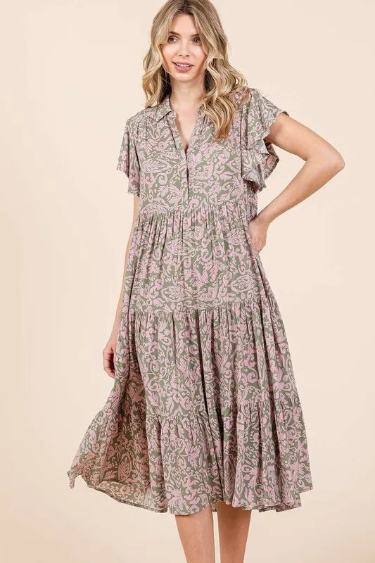 Mittoshop Abstract Print Ruffle Tier Midi Dress.